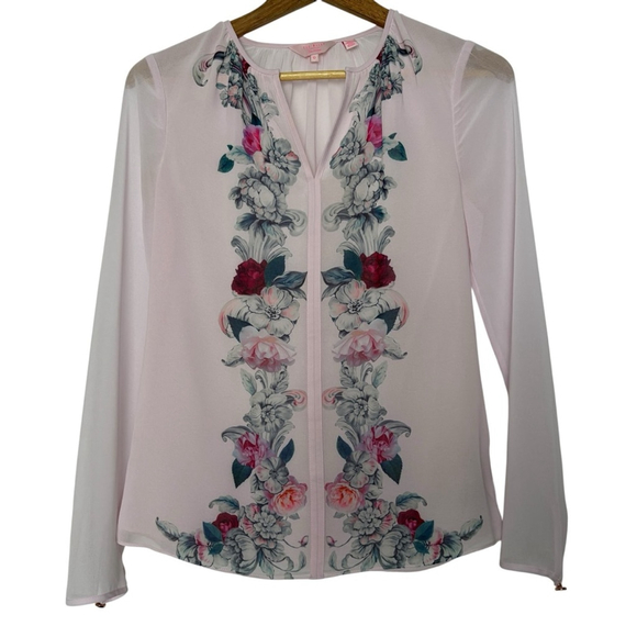 Ted Baker Women's Blouse Size 0 Floral Pink Chiffon Long Sleeve Top Chic - Picture 3 of 9
